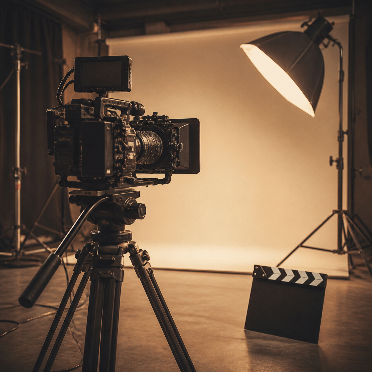 Kamera auf Stativ vor weißem Hintergrund im Videostudio von Catacomb Studio in Stein bei Nürnberg