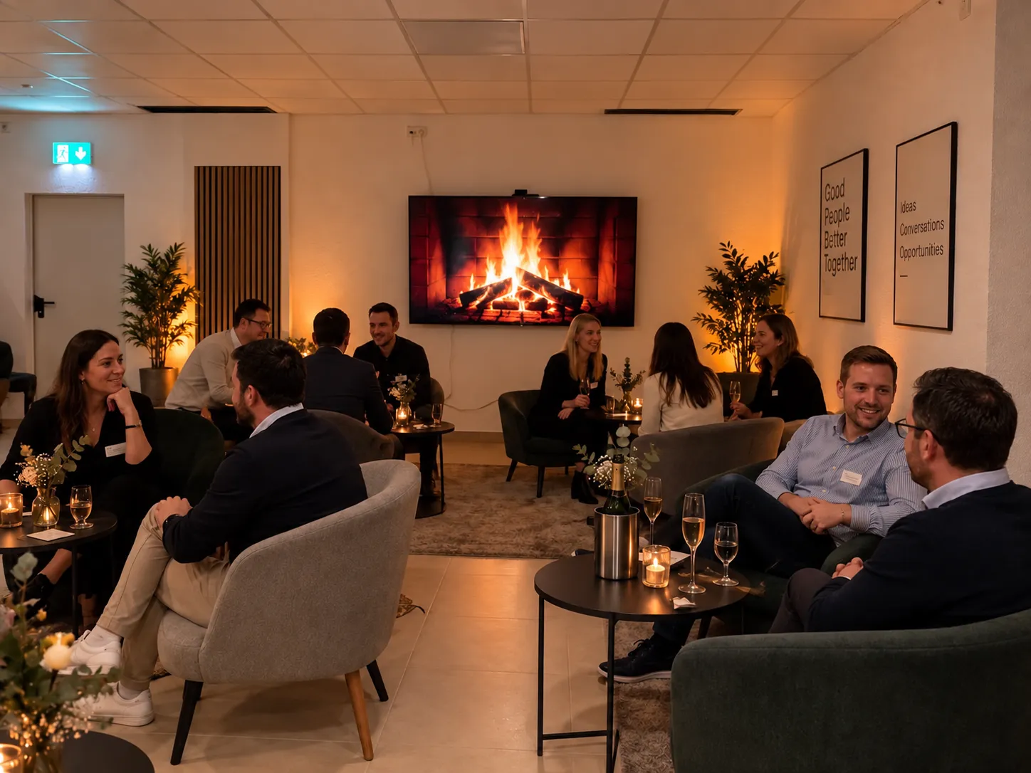 Networking in der Lounge mit Sesseln, Kerzenlicht und Kaminfeuer auf dem Bildschirm