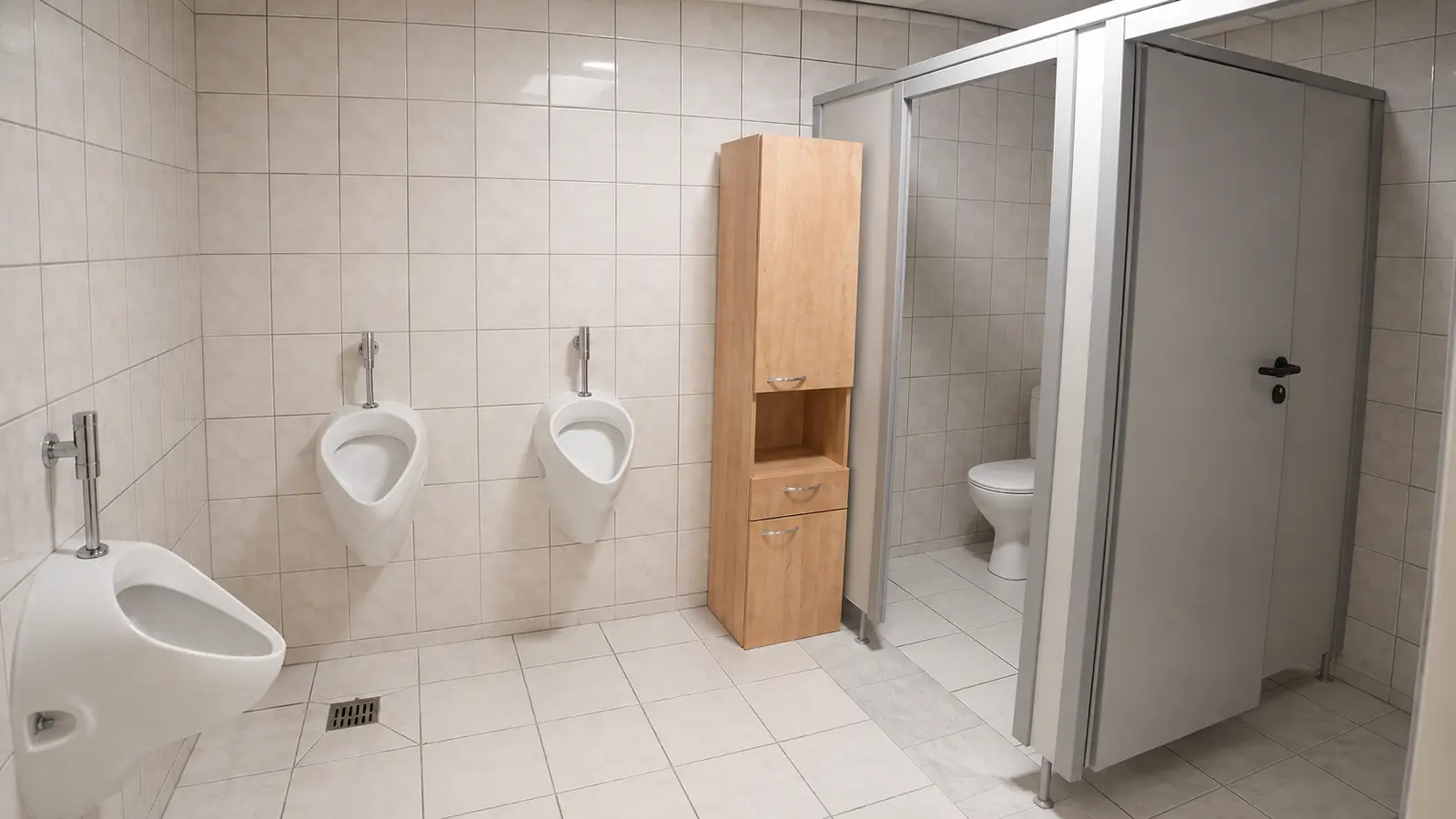 Heller Sanitärbereich mit Durchgang zu den Toiletten