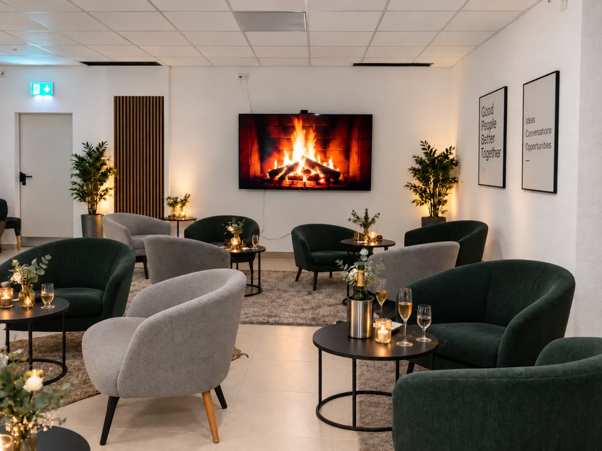 Lounge mit Sesseln, runden Couchtischen, Kerzen und Kaminfeuer auf dem Bildschirm