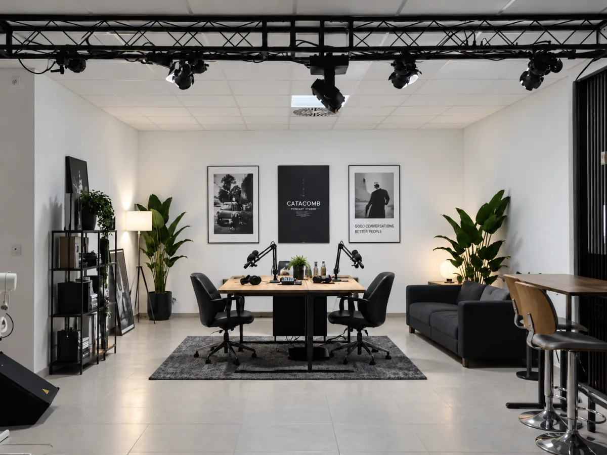 Podcast-Studio mit Tisch, zwei Mikrofonen, Sofa und Scheinwerfern an der Traverse