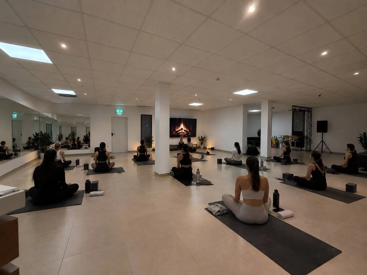 Yoga-Kurs in der Halle mit Matten, Spiegelwand und gedimmtem Licht