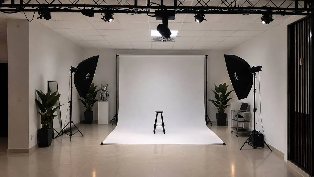 Fotostudio mit weißer Hohlkehle, Hocker, Softboxen und Scheinwerfern an der Traverse