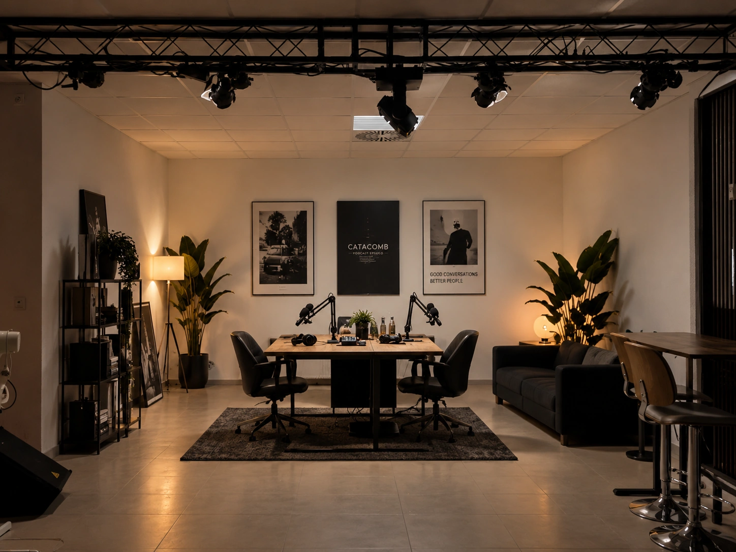 Podcaststudio mit zwei Mikrofonen am Holztisch, warmem Licht, Ledersofa und Bartisch