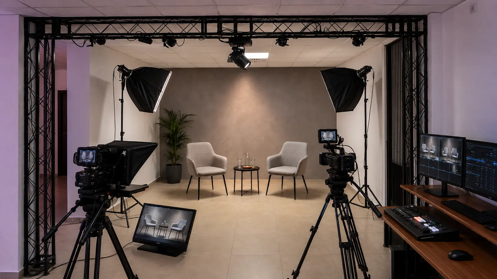 Videoecke als professionelles Business-Set mit Kameras und Licht