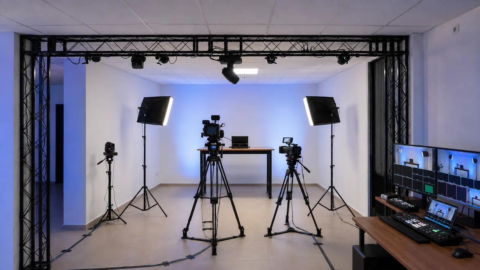 Videoecke als Livestream-Set mit mehreren Kameras, Kontrollmonitoren und Lichttechnik