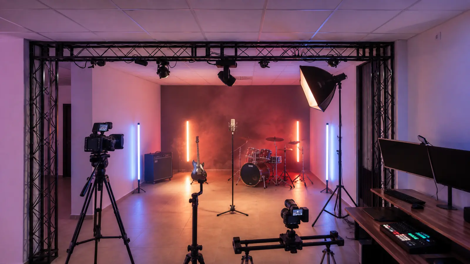 Videoecke als atmosphärisches Musikvideo-Set mit Kameras und farbigem Licht