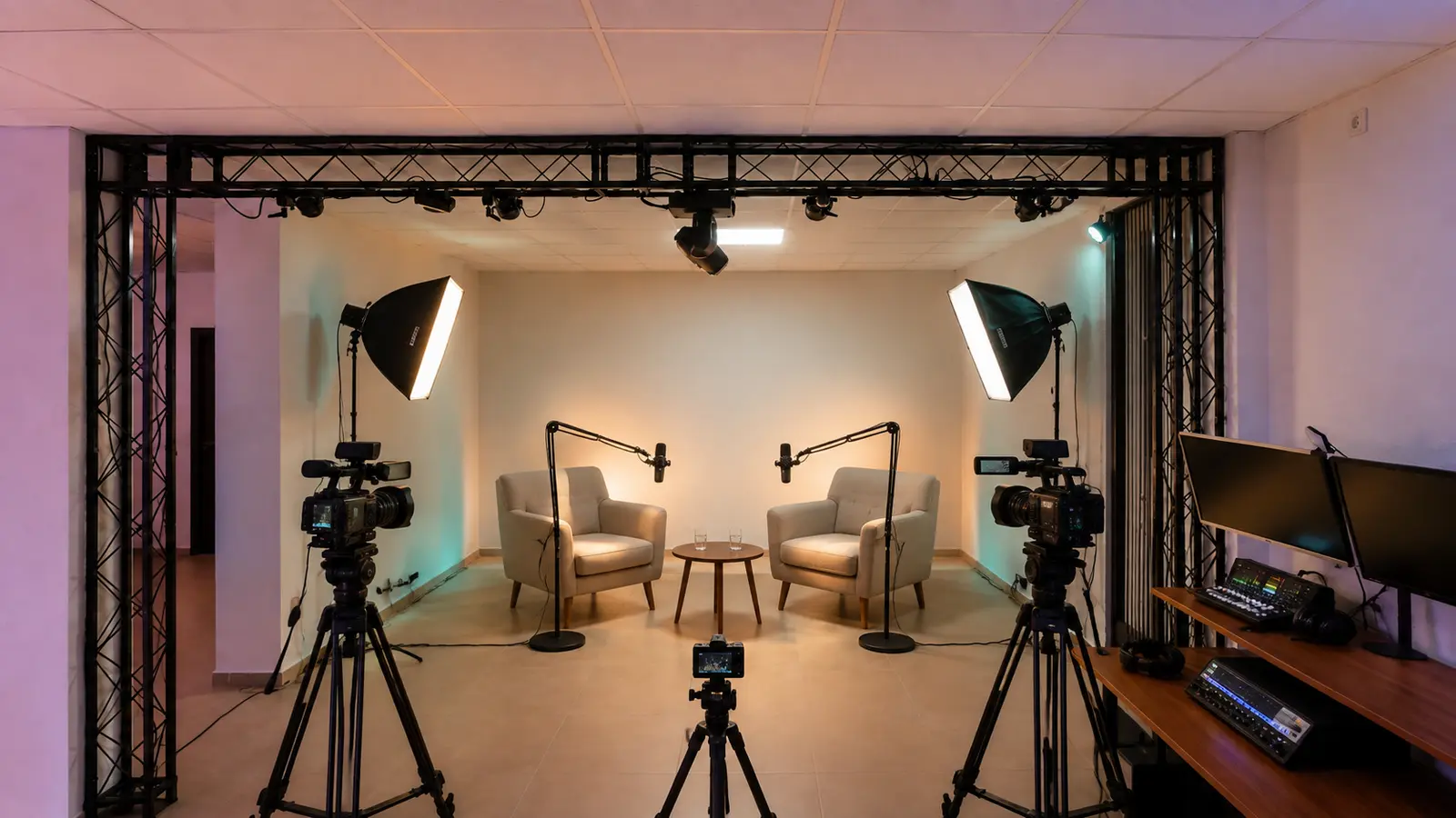 Videoecke als Podcast-Set mit Kameras, Mikrofonen und Studiolicht